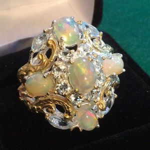 ⭐️SPECTACULAR Genuine Natural Fiery Opal & Aquamarines Ring